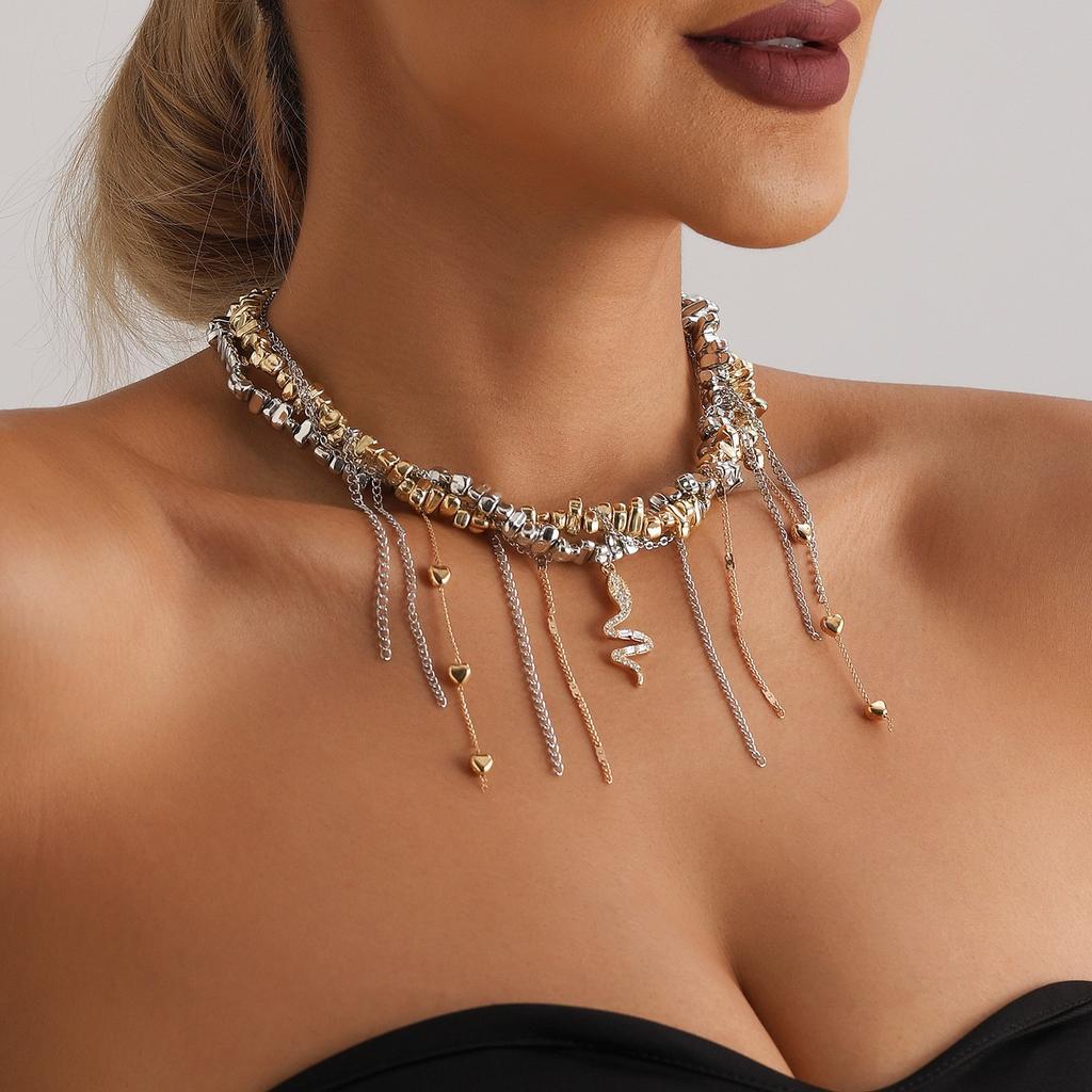 European and American Jewelry Gold and Silver Mixed and Matched Necklace Irregular Handmade Beaded Love Fringed Snake Pendant Collarbone Chain