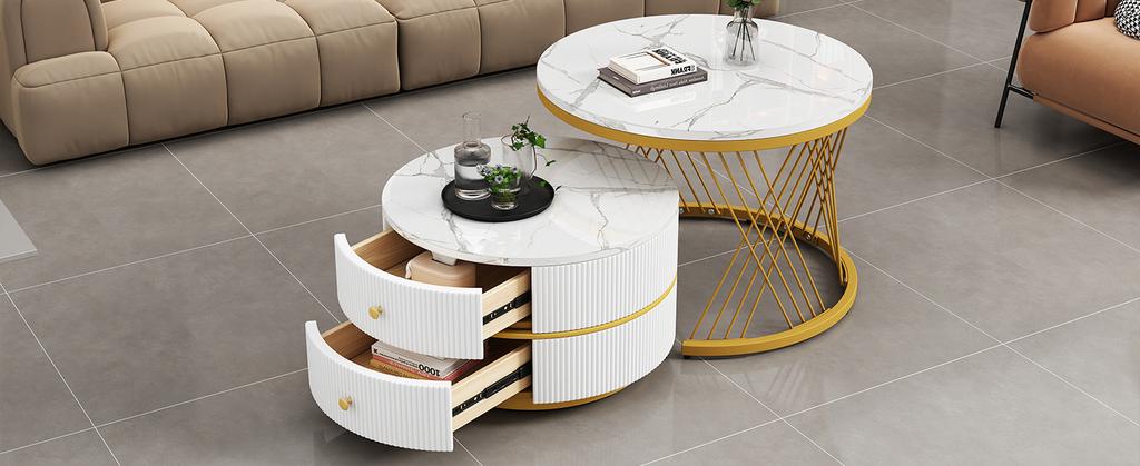 Elegant 2-Piece White Coffee Table Set, Nesting Shape, 60*60*46cm & 50*50*30.8cm, Marble Look, 2 Drawers, Load Capacity up to 30kg