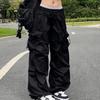 Elastic Drawstring Waist Pants Street Style Cargo Adjustable Long Trousers Casual Loose Fit Solid Color Multi Pockets Wide Leg