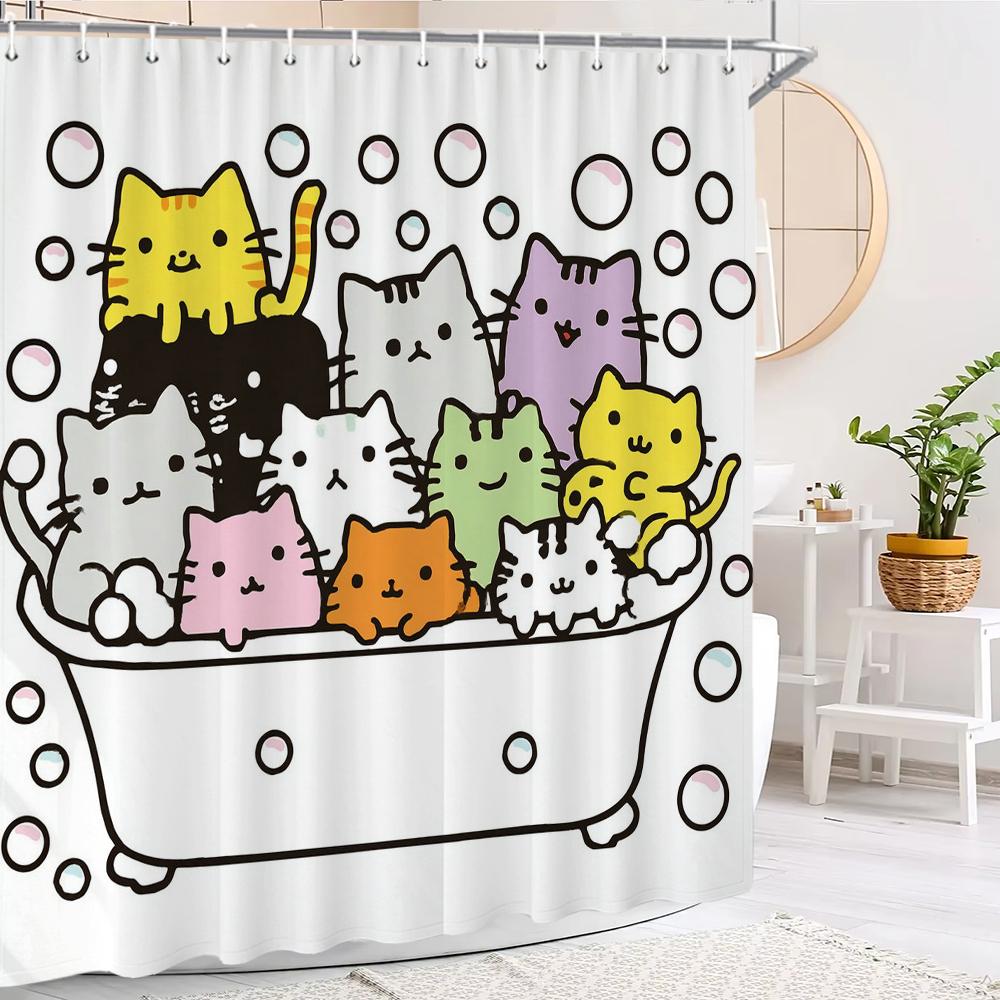 Cartoon Cute Bathing Cat Art Shower Curtain, Bathroom Decorative Shower Curtain, Home Printed Bath Curtain With Hooks