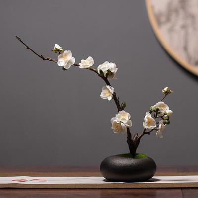 Zen Style Artificial Plum Blossom and Magnolia Floral Arrangement for Living Room Decor