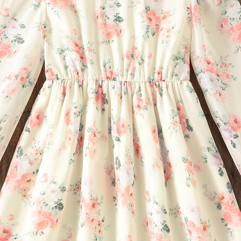 Dívčí šaty Dětské oblečení Podzim a zima Nový styl Květinový potisk Dlouhý rukáv Dívka 8-12Y Princeznovské šaty