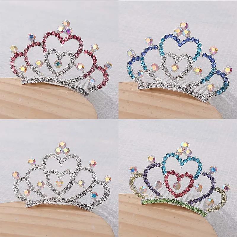 Girls Hair Accessories Mini Crown for Kids Bling Rhinestone Tiaras Hair Combs Princess Diadem Love Heart Shaped Headbands