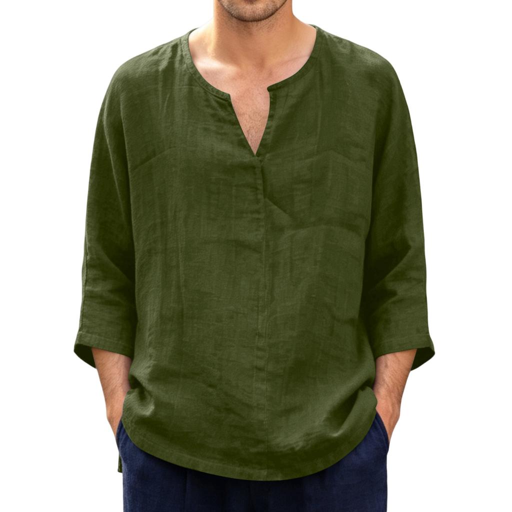 Men's Casual Linen Cotton Blend Three Quarter Sleeve Shirt Loose Fit Lightweight Breathable Summer Top