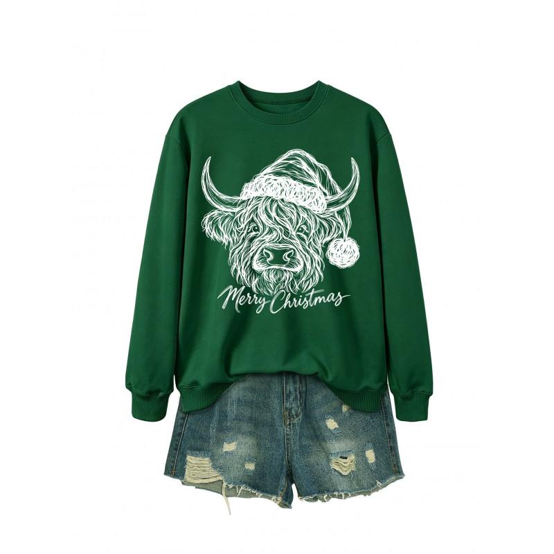 Womens Casual Fashion Christmas Yak Head Print Crewneck Sweatshirt Regular Fit Daily Wear