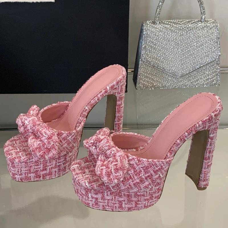 Streetstyle Sommer Zehenfrei Schleife Damen Hausschuhe Mode Plateau Quadratische Absätze Pantoletten Damenschuhe