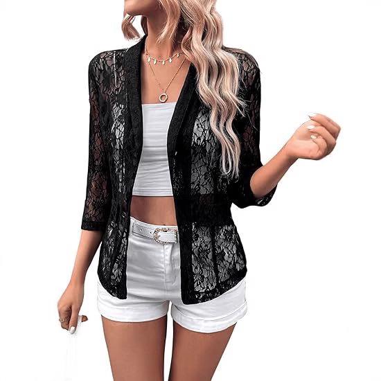 Spring Women's Elegant Lace Cardigan Top with Three-Quarter Sleeves