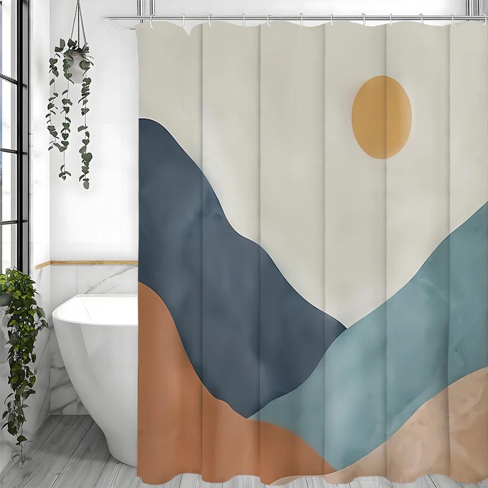 Abstract Flat Illustration Landscape Shower Curtain, Bathroom Decorative Shower Curtain, Waterproof Shower Curtain with Hooks