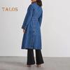Women Denim Jacket Double-breasted with Side Pockets Lace-up Tie Waist Mid Length Solid Color Turn-down Collar Overcoat Streetwear Outdoor