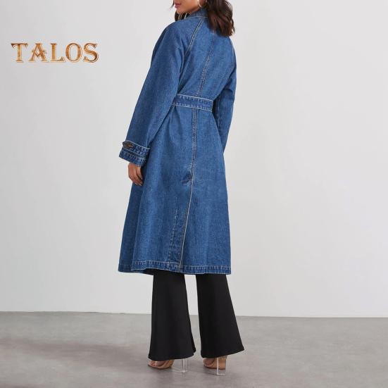 Women Denim Jacket Double-breasted with Side Pockets Lace-up Tie Waist Mid Length Solid Color Turn-down Collar Overcoat Streetwear Outdoor