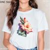 Watercolor Tulip, Lotus Lily Graphic Print T Shirt Women Casual Style Female T-Shirt Summer Fashion 00s Girls Tshirt White Tops