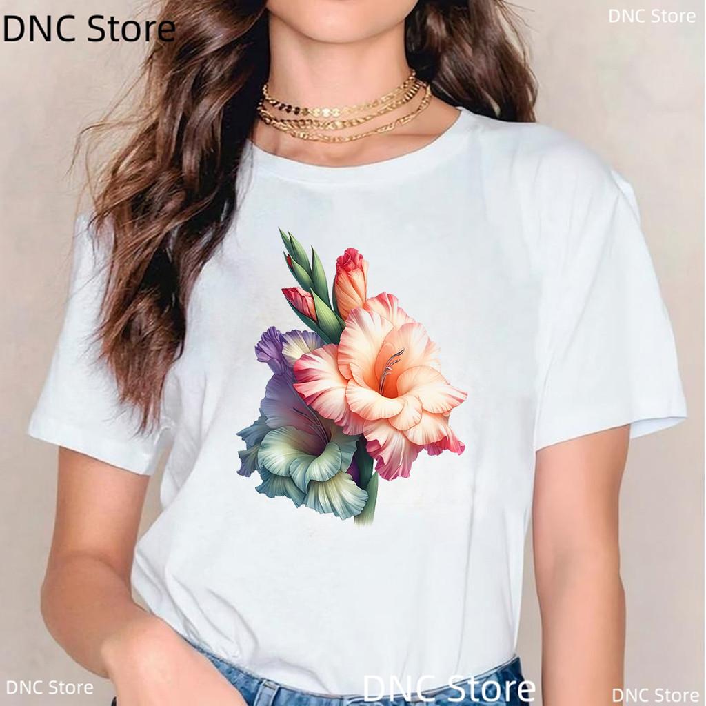 Watercolor Tulip, Lotus Lily Graphic Print T Shirt Women Casual Style Female T-Shirt Summer Fashion 00s Girls Tshirt White Tops