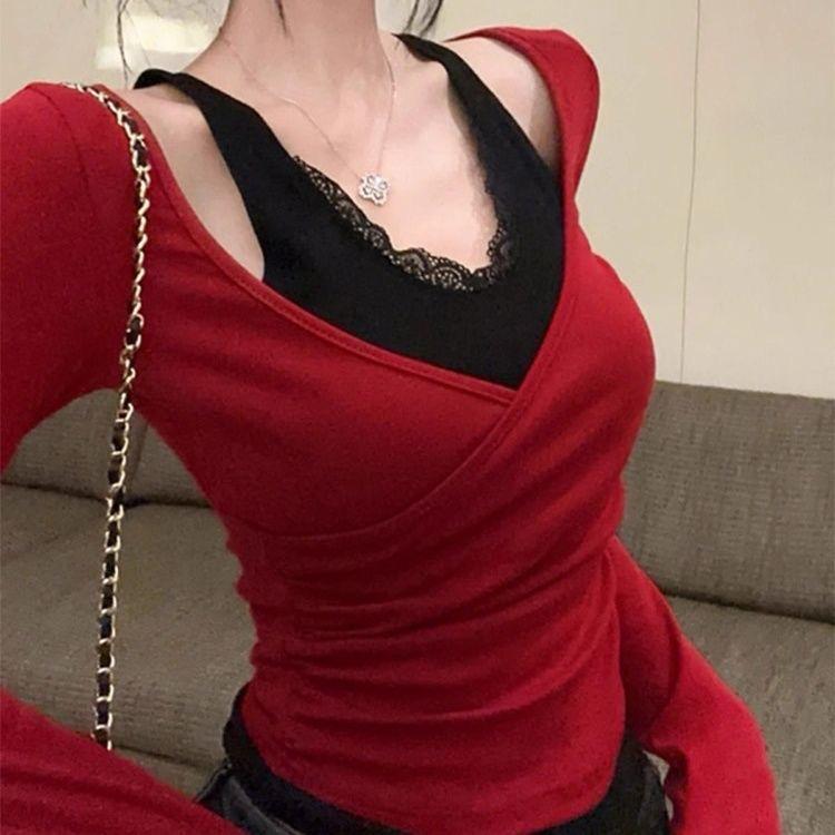 Women's Sexy Red Lace Halter V-Neck Two-Piece T-Shirt