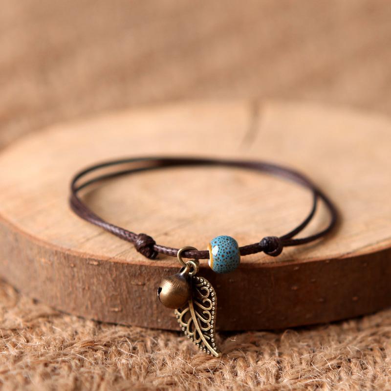 Ethnic Style Anklet For Women Vintage Bronze Leaf & Bell With Colorful Ceramic Bead Pendant On Leather Rope