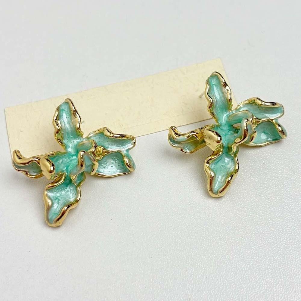 1 pair Luxury Golden and Silver Earrings Zinc Zinc Alloy Metal Flower Ear Studs Enamel Iris Earrings  Girls