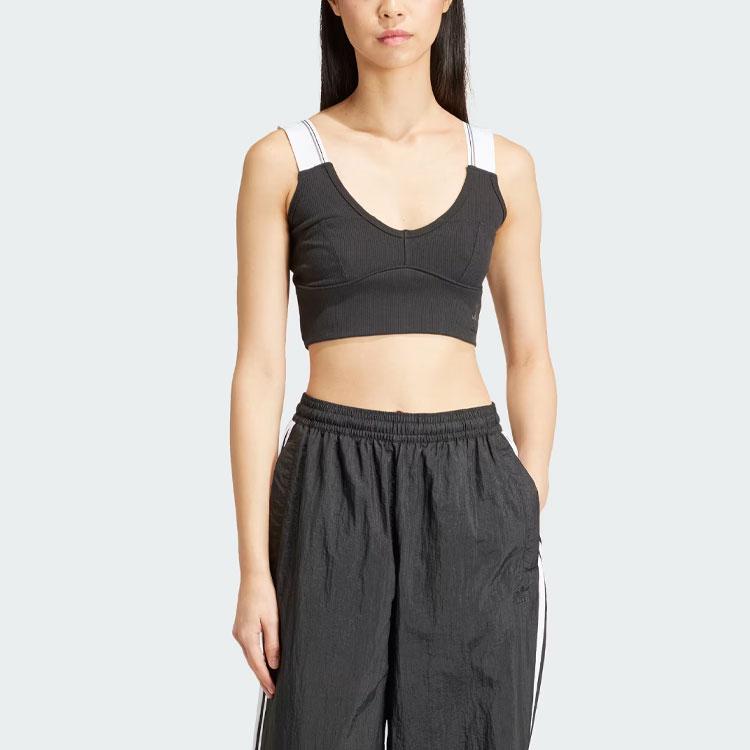 Adidas Originals Tape Bra Top Color Block Shoulder Strap Knitted Casual Sports Bra Women Underwear Black IT7299