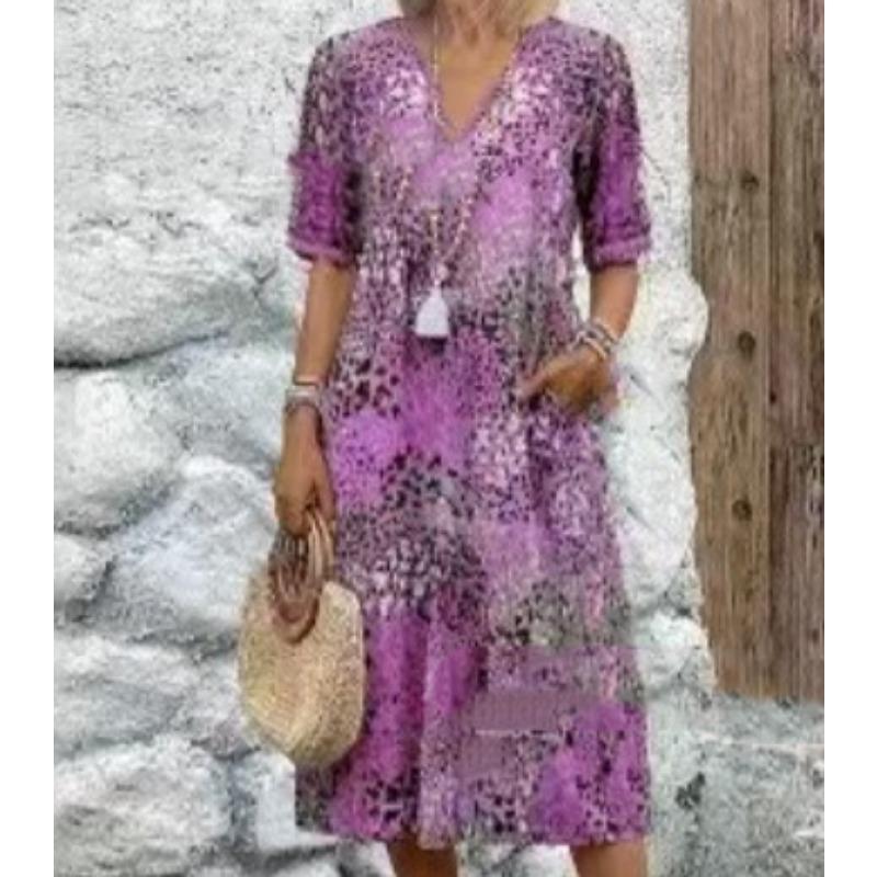 Women's Fashion Printed Lace Encrusted V-Neck Short Sleeve Dresses