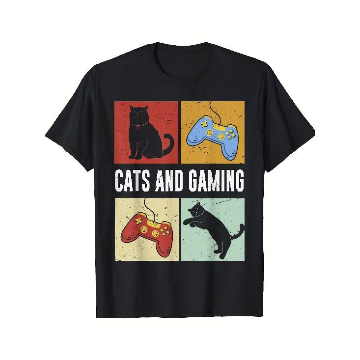 Men S 100% Cat & Gaming Graphic T-Shirt - Retro Video Game Design with 8-Bit Cat & Controller Print, Breathable Round Neck Short Sleeve Tee for S чёрный