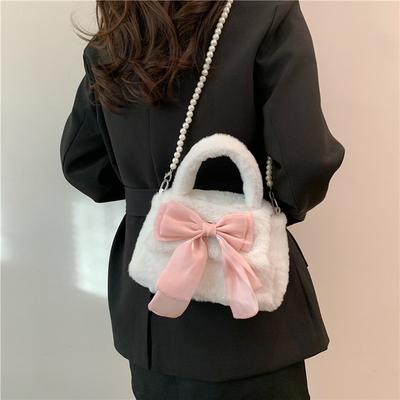Autumn and Winter New Temperament Fashionable Plush Texture Simple Travel Small Square Portable Bow Small Bag Female Tide