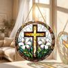 Acrylic Puzzle Toy Hanging Ornament Stained Glass Style Cross with Floral Design Round Shape Decorative Window Hanging Piece