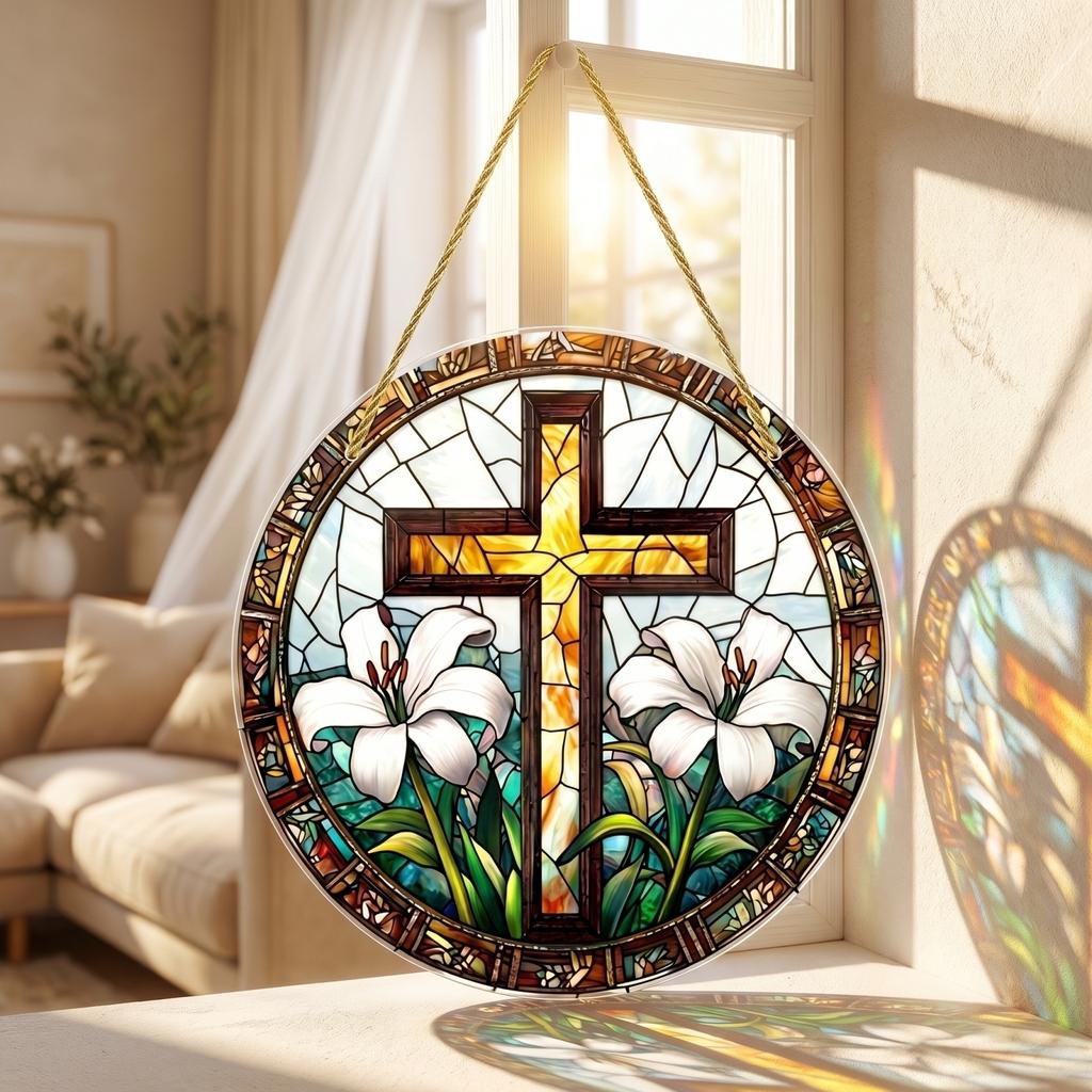 Acrylic Puzzle Toy Hanging Ornament Stained Glass Style Cross with Floral Design Round Shape Decorative Window Hanging Piece