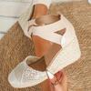 Women's Plus Size High Heel Straw Woven Sandals - Thick Sole, Height Increasing, Single Strap, European & American Style.
