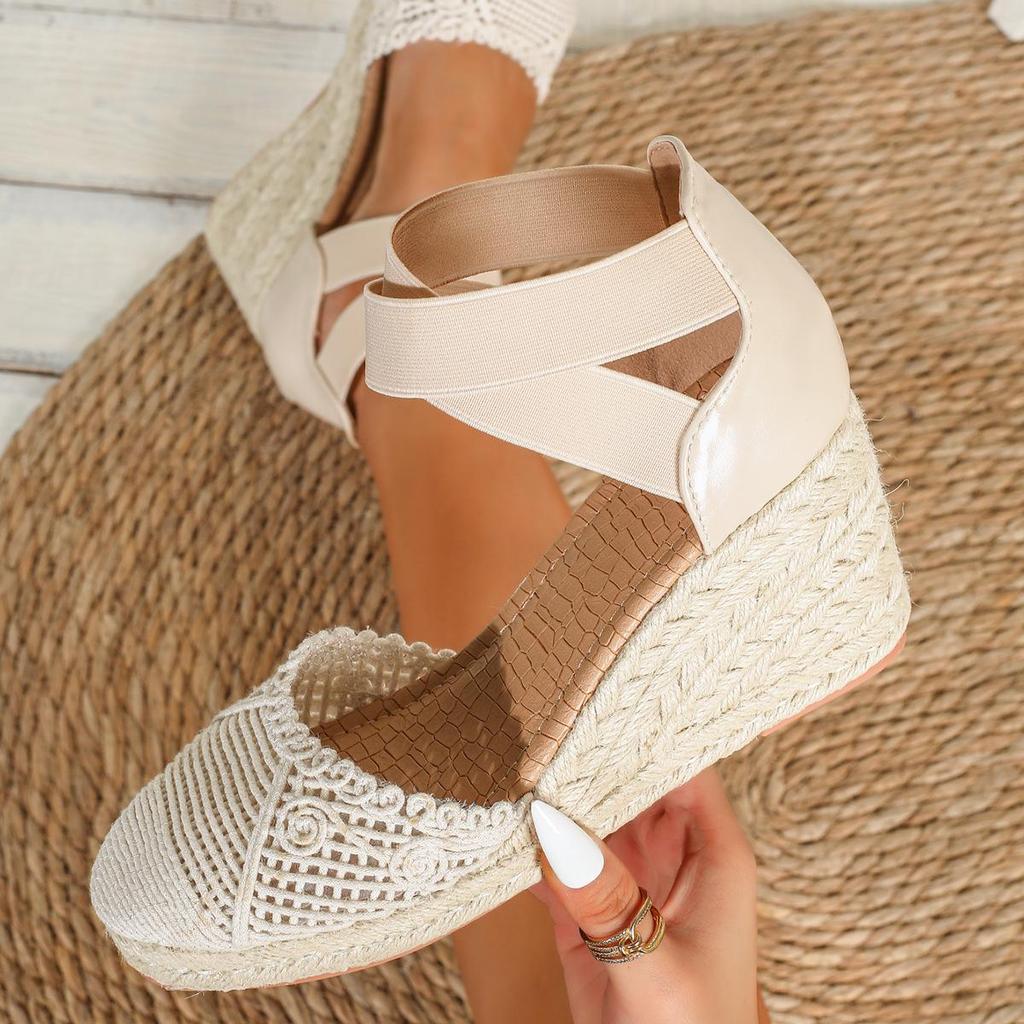 Women's Plus Size High Heel Straw Woven Sandals - Thick Sole, Height Increasing, Single Strap, European & American Style.