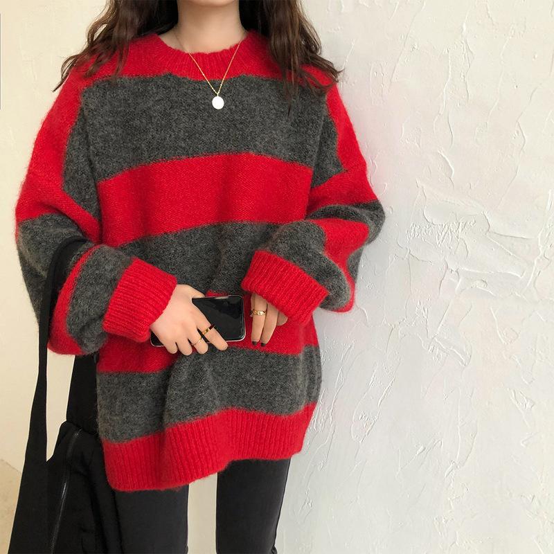 Color-blocking Striped Knitted Sweater for Women Loose and Casual Sweater Long-sleeved Trendy Pullover for Women Autumn and Winter