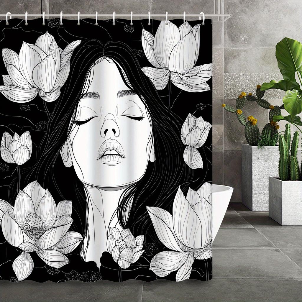 Black & White Line Sketch Beauty with Lotus Shower Curtain – 12 Hooks, Elegant Bathroom Decor