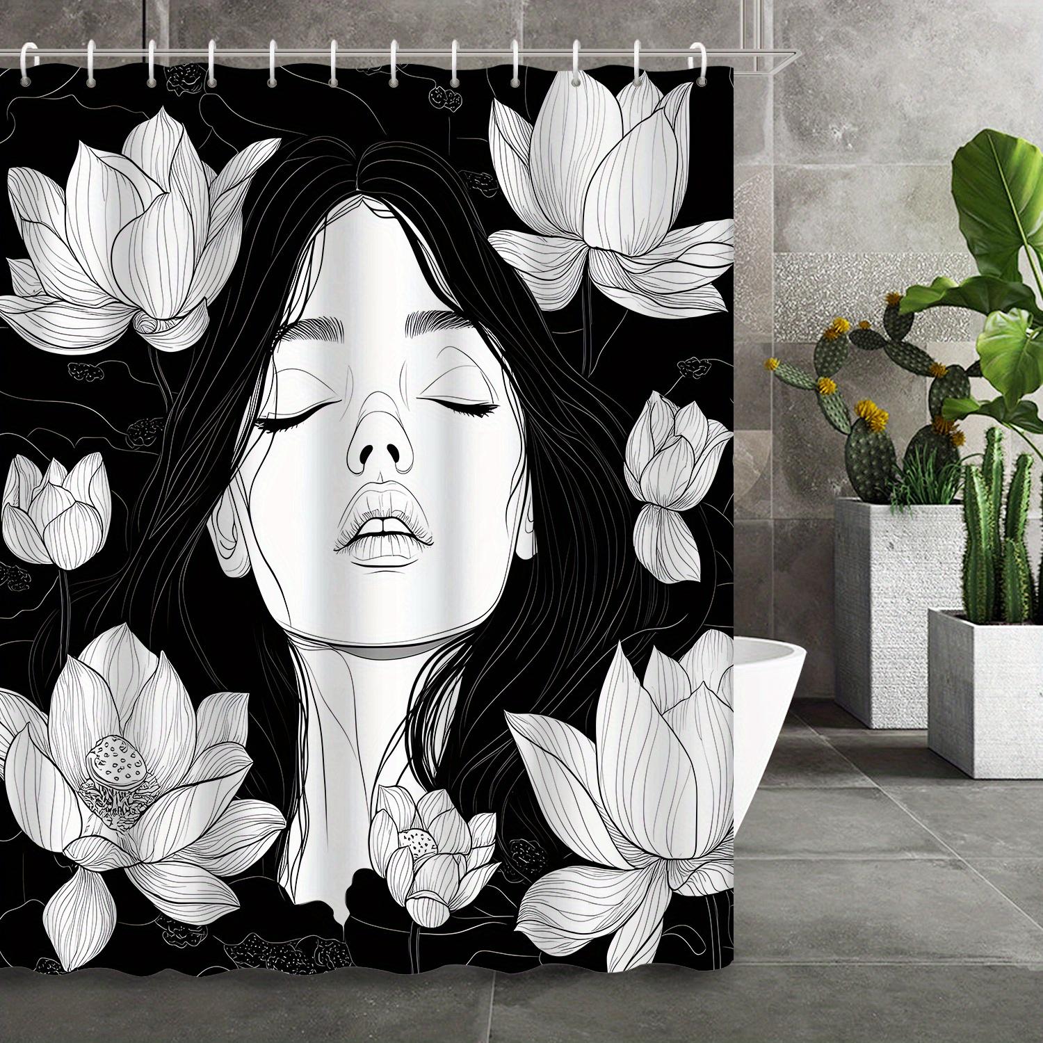 

Black & White Line Sketch Beauty with Lotus Shower Curtain – 12 Hooks, Elegant Bathroom Decor W90xH180cm