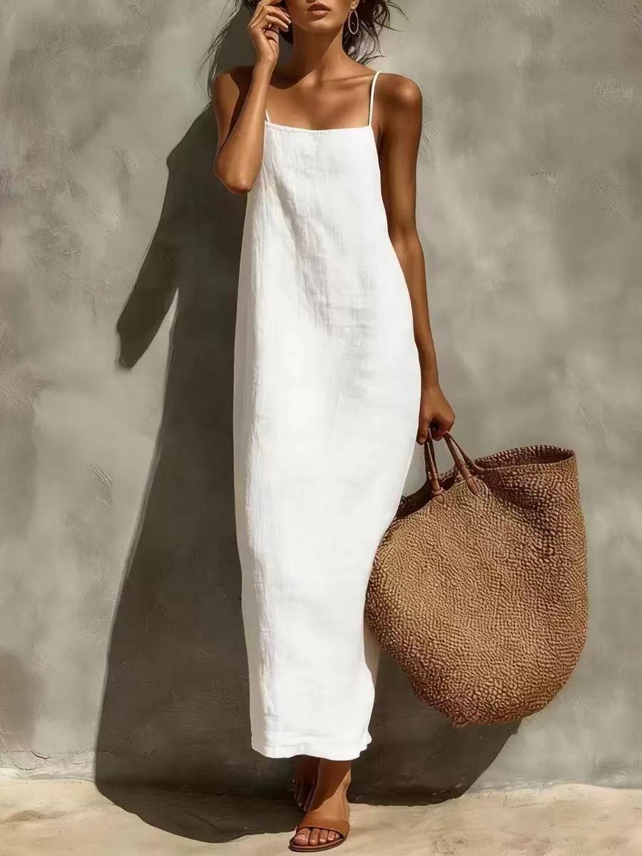 New Summer Hot Sale Solid Color Loose Backless Strappy Dress S