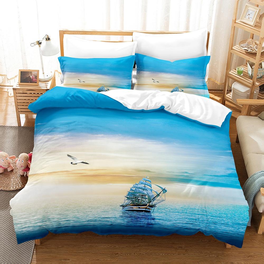 Sailboat Print Duvet Cover and Pillowcase, 2/3Pcs Nautical Bedding Set for Bedroom Decor, Perfect Housewarming Gift