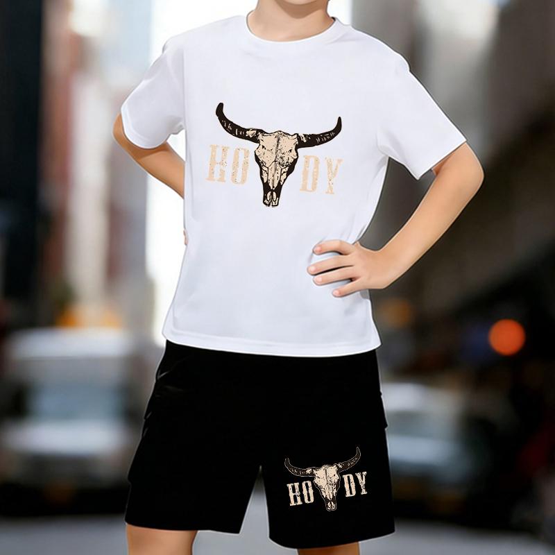 

Boys 2 Piece Western cowboy themed printed outfit, Short Sleeve T-Shirt and Shorts Set for Kids Age 5-14,Black ,White Sporty Casual Summer Clothes 13-14 Years білий
