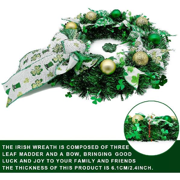 15.75" Greenery Wreath St. Patrick's Day Wreaths for Front Door Home Decor Four Leaf Clover Wreath Artificial Greenery Spring Shamrock Wreath Wall