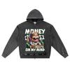 DTG Print Knitted Denim Zip-Up Hoodie Money On My Mind Brother Print Zipper Hoodies  