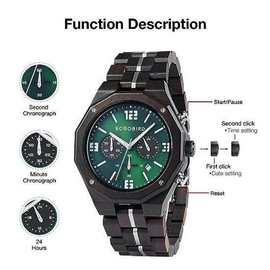 BOBO BIRD Mens Wooden Watch Sports Fashion Casual Chronograph Quartz Stainless Steel Strap Date Display Green Medium Luxury Elegance