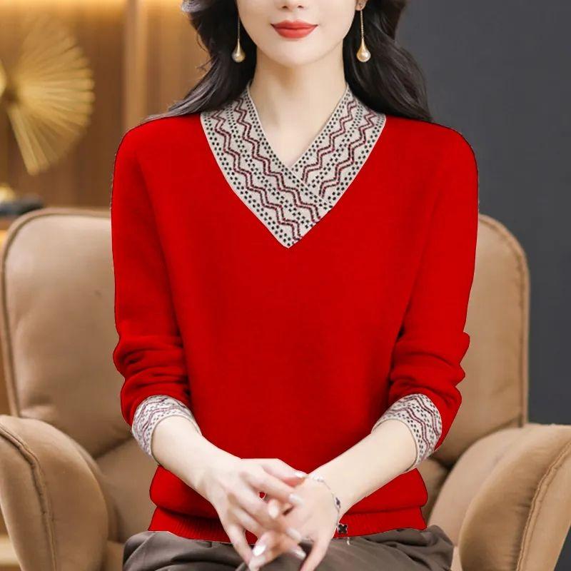 

Элегантный вязаный пуловер с v-образным вырезом и цветными блоками — шикарный женский свитер с длинными рукавами на осень/зиму 3XL