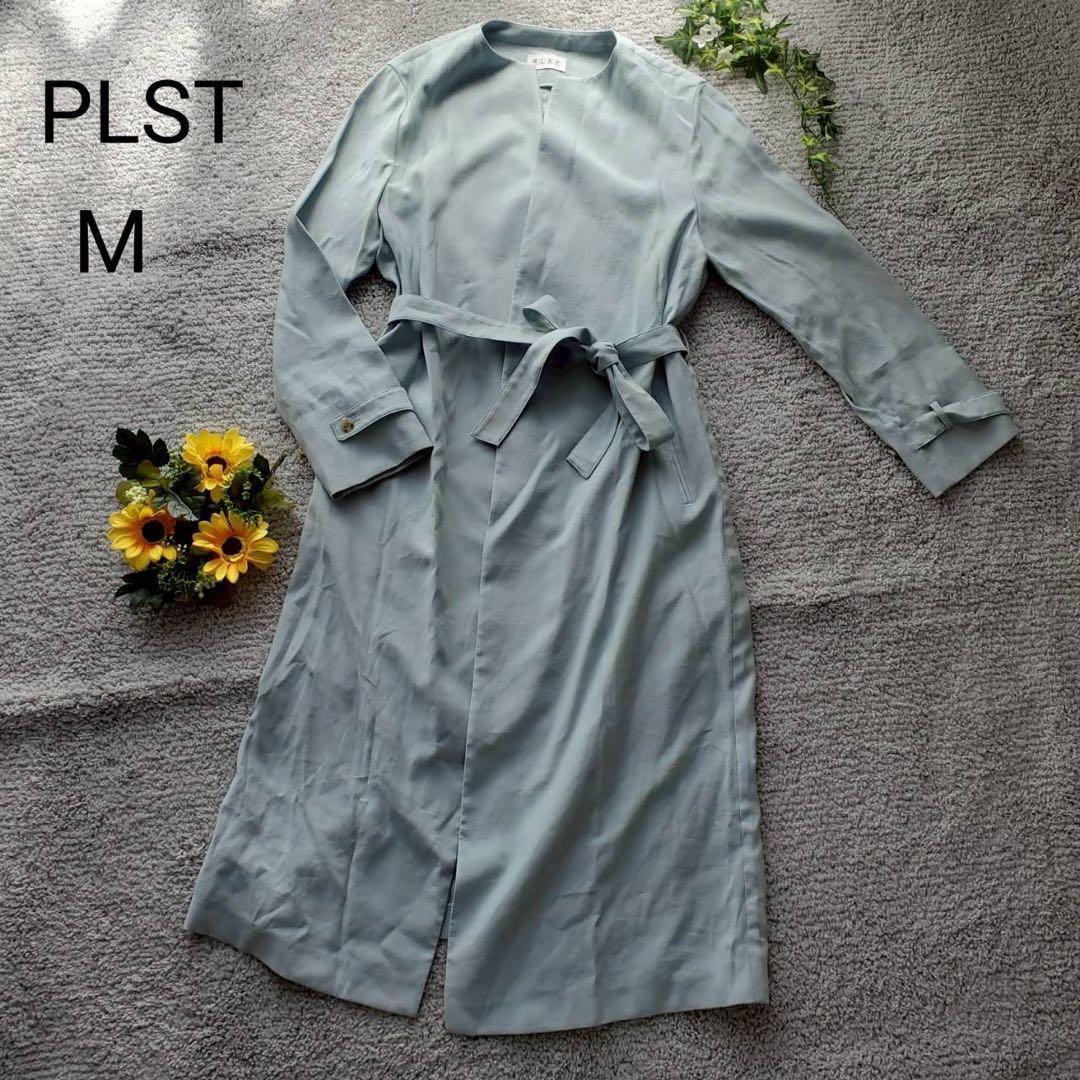 PLST Colorless long coat with belt Dull blue M