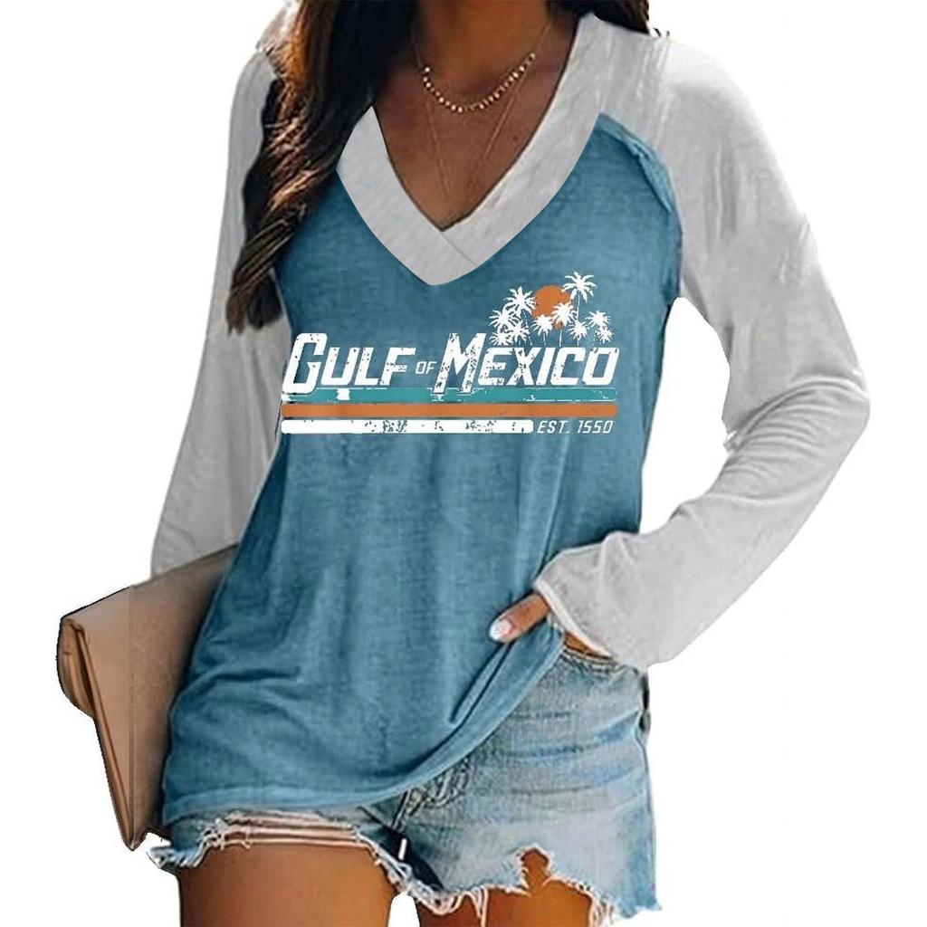 Women's Long Sleeved T-shirt V-neck Gradient Letter Printed Casual And Comfortable Top