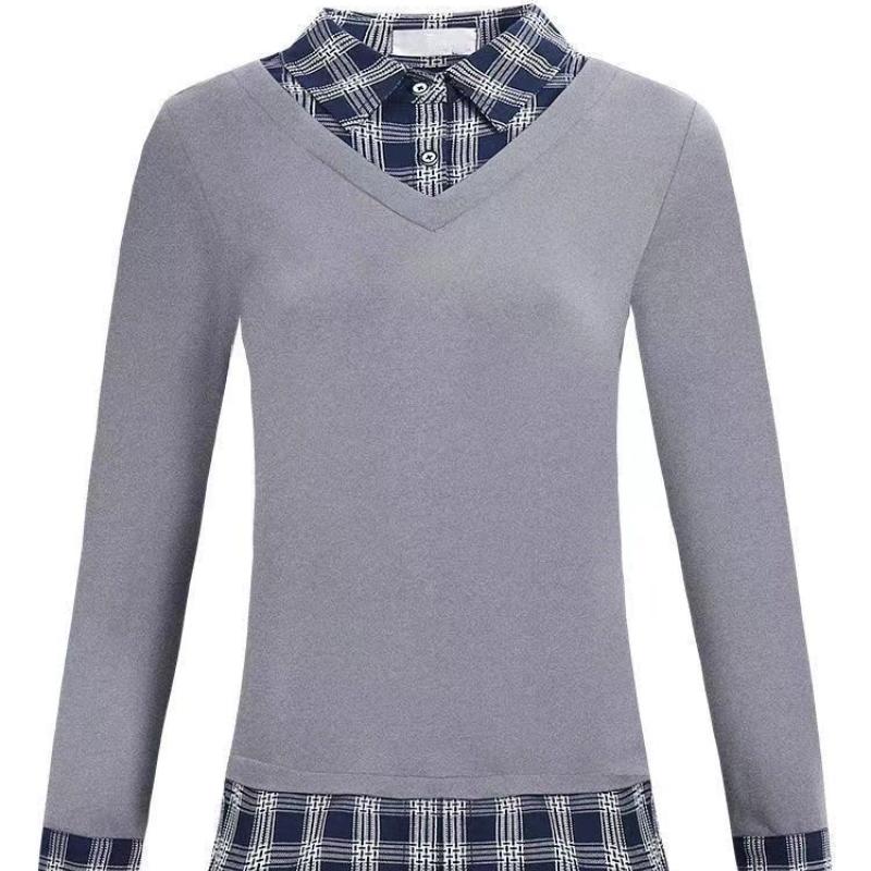 Plaid Shirt Fake Two Piece Personalized Top Sprint Autumn New Women's Long Sleeve Bottoming Blouse Mother T-shirt M-4XL
