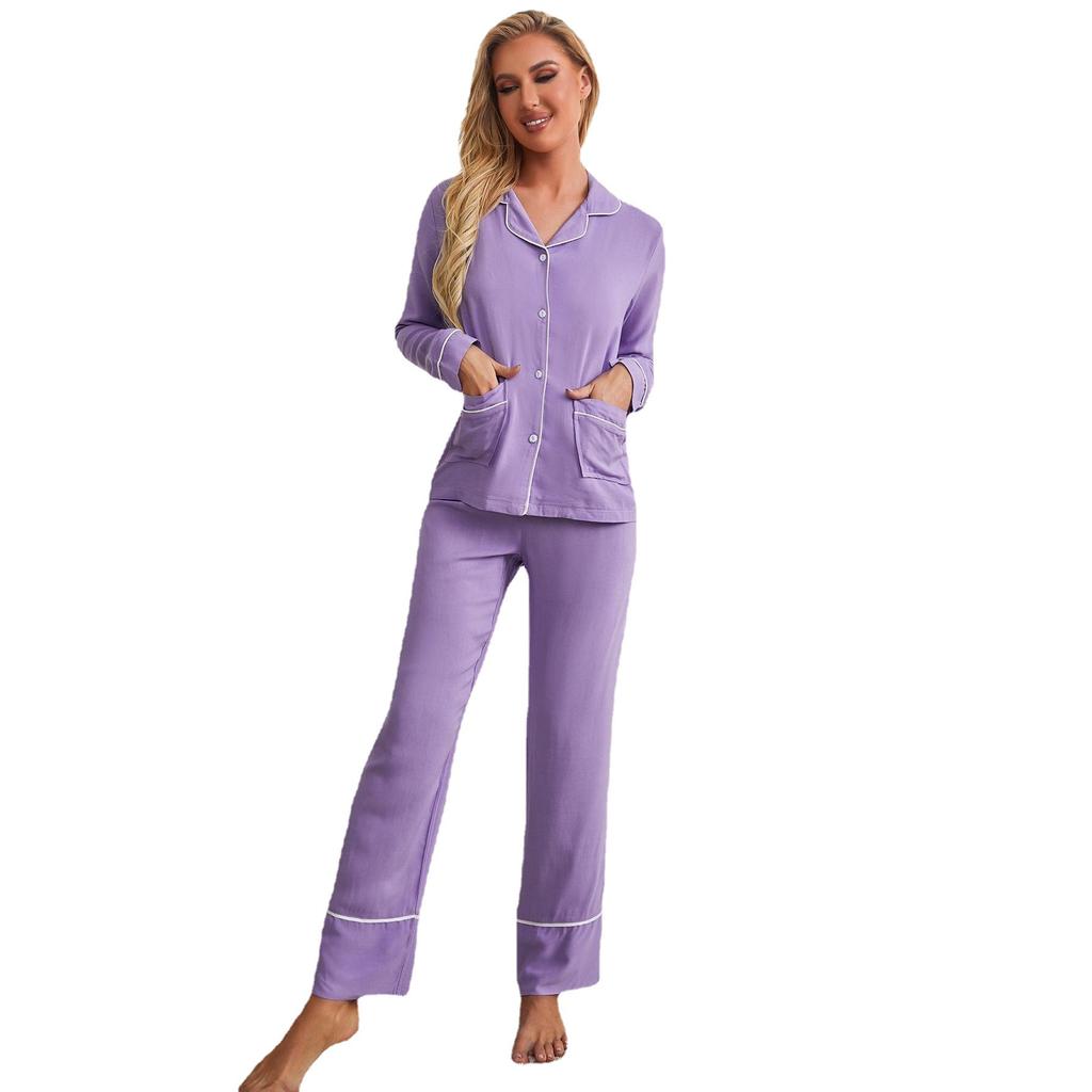 European and American pajamas women's autumn and winter cardigan long-sleeved loungewear two-piece set ebay