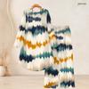 Women Plus Size Round Neck Long Sleeve Green Printed High Low Top Wide Leg Pants Two Piece Set