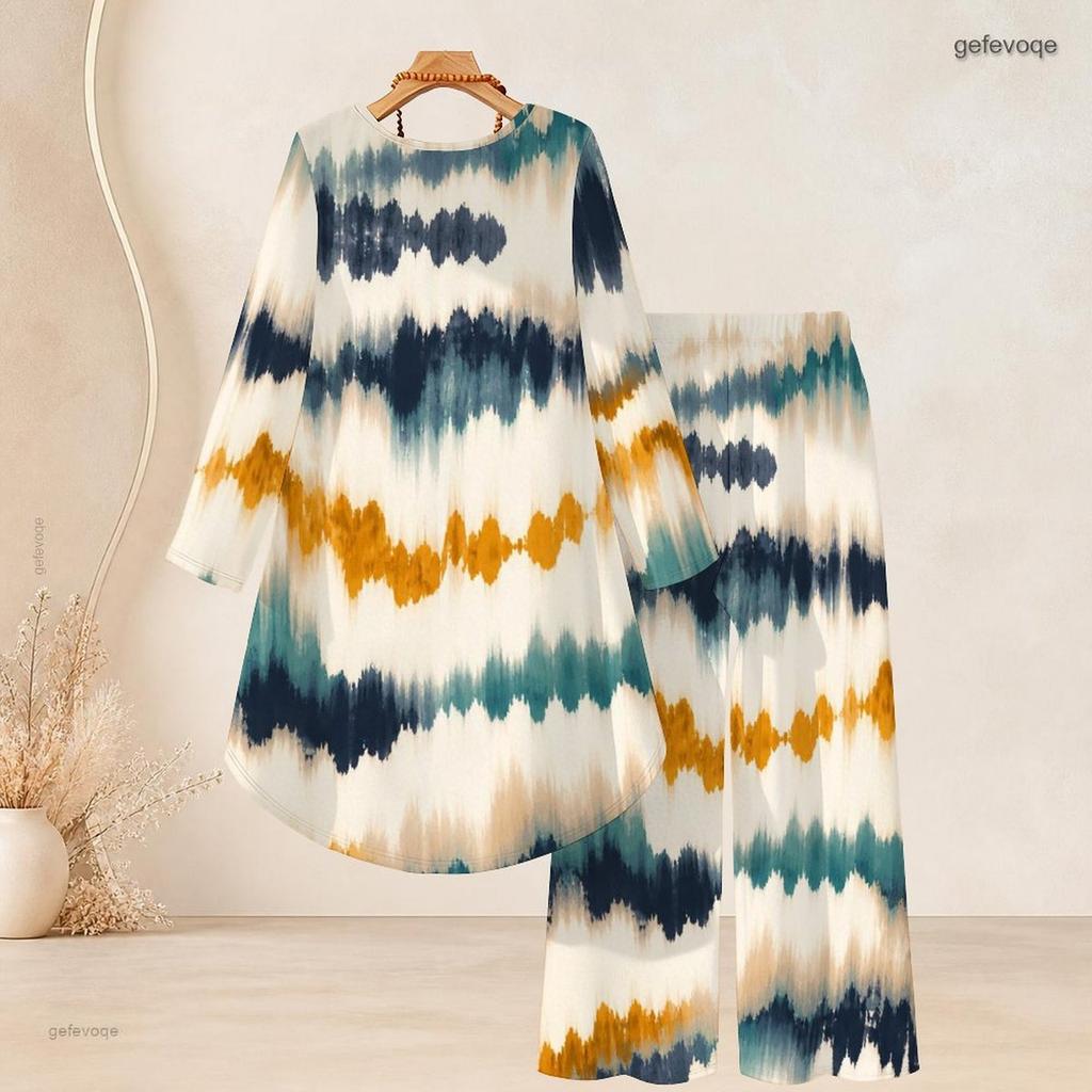 Women Plus Size Round Neck Long Sleeve Green Printed High Low Top Wide Leg Pants Two Piece Set