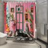 1 Piece Surreal Leopard Shower Curtain - Bright Pink Interior, Exotic Flowers, Checkered Floor Design, Decorative Shower Curtain