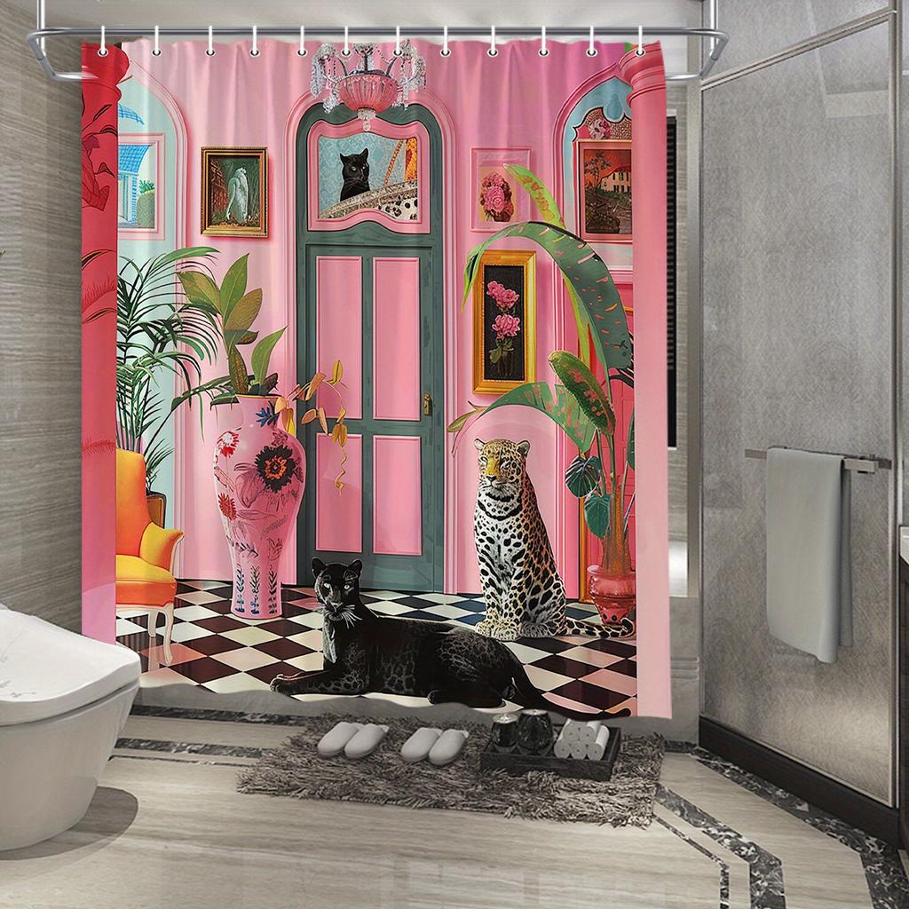 1 Piece Surreal Leopard Shower Curtain - Bright Pink Interior, Exotic Flowers, Checkered Floor Design, Decorative Shower Curtain