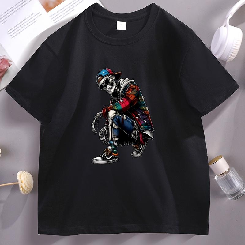 Unisexs Cotton Short Sleeve Skull Graphic Tee Casual Round Neck Short Sleeve Tshirt Cotton Printed Streetwear Male Clothing Tops