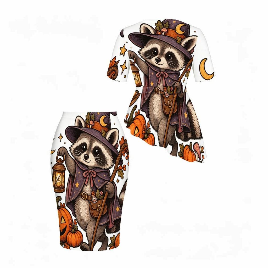 Women Plus Size Round Neck Short Sleeve Halloween Raccoon Pumpkin Printed Asymmetric Top Fitted Skirt Two Piece Set