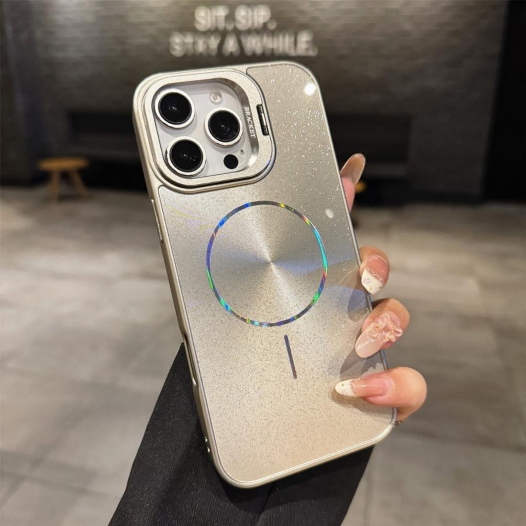 CD Texture Laser Glitter For Magsafe Lens Stand Case For iPhone Air 17 16 15 14 13 12 11 Pro Max Wireless Charge Bracket Cover