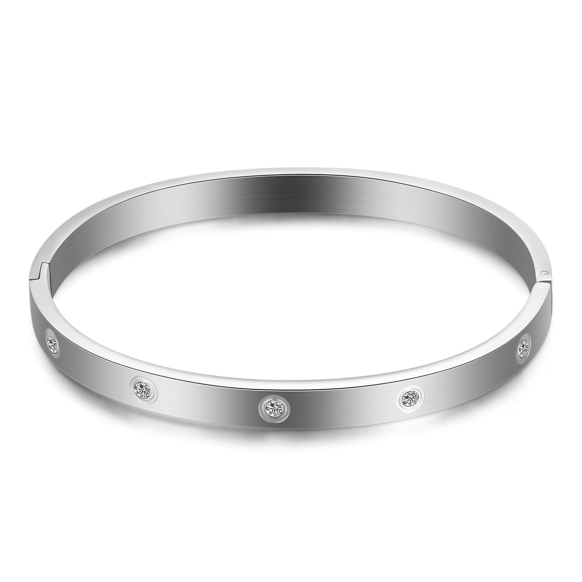 Polished Stainless Steel Bracelet with Engravable Laser Logo, 6MM Titanium Steel Inlaid with Diamonds.
