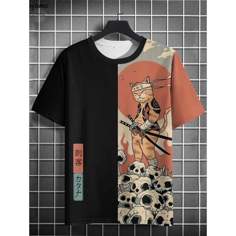 Japanese Samurai Cat 3D Printed T-Shirts for Men Short Sleeve Tee Casual Loose Harajuku Men's Clothing Oversized T-Shirt Tops